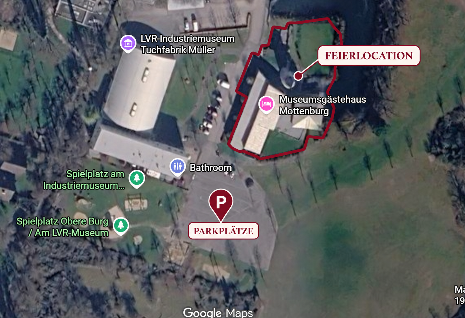 Satellitenansicht der Mottenburg mit markierter Feierlocation und Parkplätzen neben dem Spielplatz
